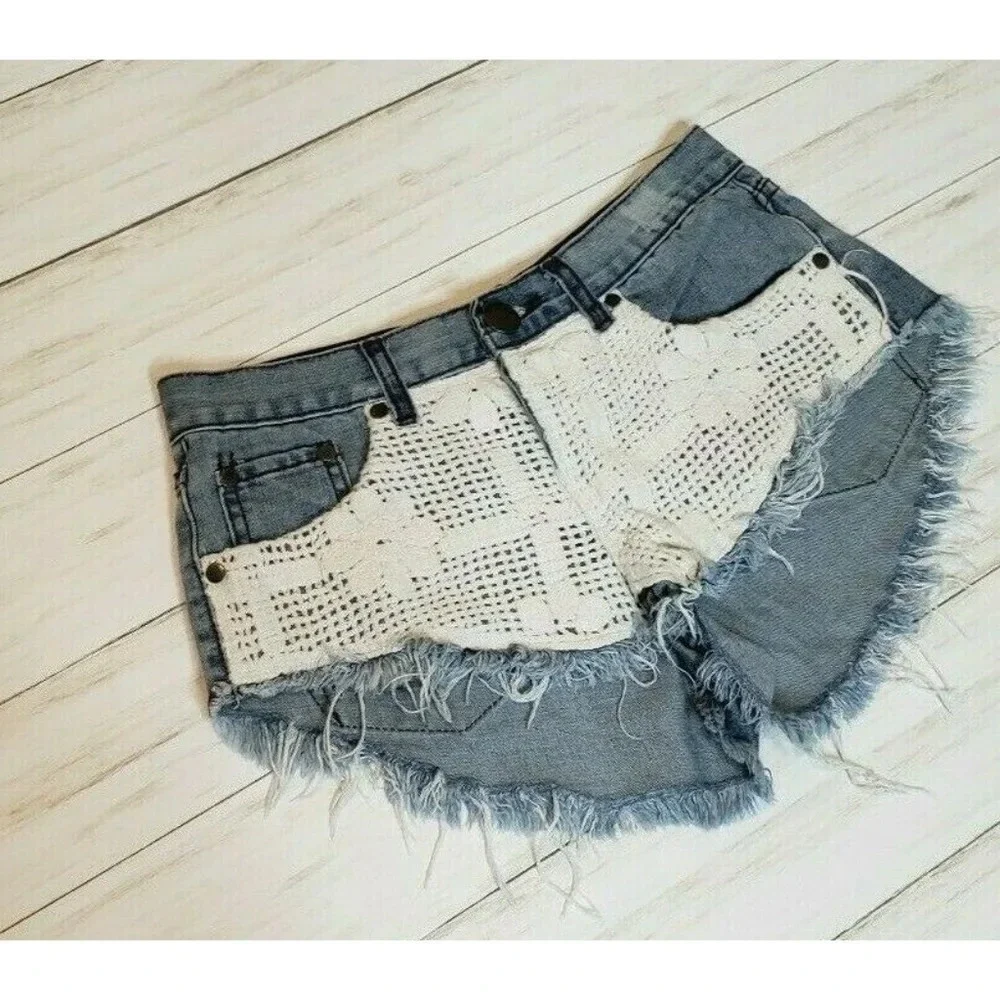 Tobi‎ Crochet Knit Denim Shorts Festival Blue Jean